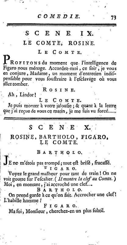 Barbier de Séville, ou la Précaution inutile (Le ), comédie en quatre actes, par M. de Beaumarchais, représentée sur le théâtre de la Comédie Française le 23 février 1775 (avec une Lettre modérée sur la chute et la critique du Barbier de Séville)