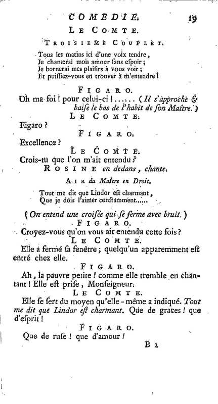 Barbier de Séville, ou la Précaution inutile (Le ), comédie en quatre actes, par M. de Beaumarchais, représentée sur le théâtre de la Comédie Française le 23 février 1775 (avec une Lettre modérée sur la chute et la critique du Barbier de Séville)