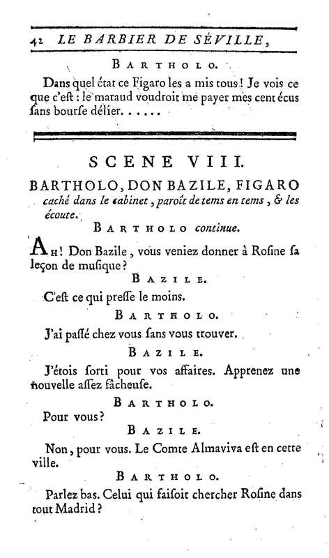 Barbier de Séville, ou la Précaution inutile (Le), comédie en quatre actes, par M. de Beaumarchais, représentée sur le théâtre de la Comédie Française le 23 février 1775 (avec une Lettre modérée sur la chute et la critique du Barbier de Séville)