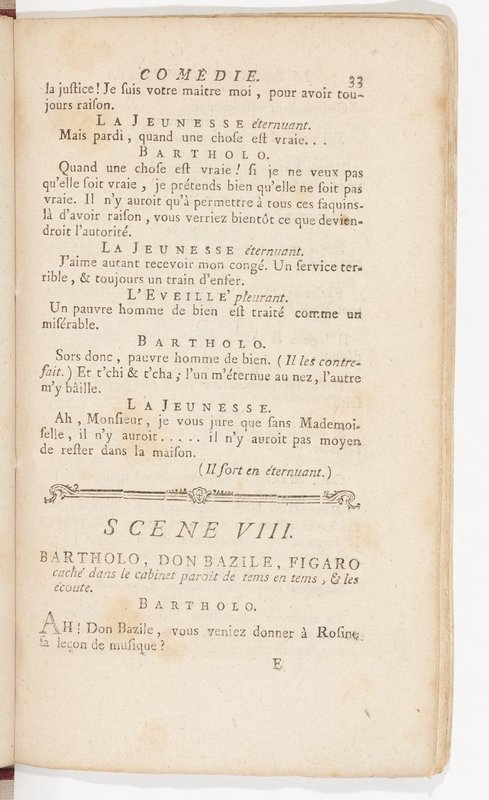 Barbier de Séville, ou la Précaution inutile (Le), comédie en quatre actes, par M. de Beaumarchais, représentée sur le théâtre de la Comédie Française le 23 février 1775 (avec une Lettre modérée sur la chute et la critique du Barbier de Séville)