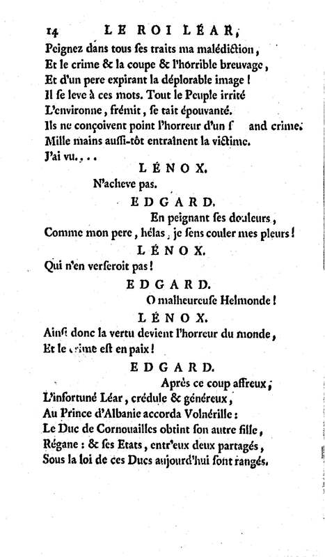 Roi Lear (Le), tragédie en cinq actes, par M. Ducis, représentée à Versailles le 16 janvier 1783 ; et à Paris, le 26 du même mois, par les Comédiens français Roi Lear (Le), tragédie en cinq actes, par M. Ducis, représentée à Versailles le 16 janvier 1783 ; et à Paris, le 26 du même mois, par les Comédiens français