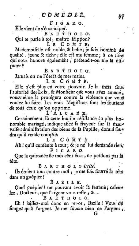 Barbier de Séville, ou la Précaution inutile (Le ), comédie en quatre actes, par M. de Beaumarchais, représentée sur le théâtre de la Comédie Française le 23 février 1775 (avec une Lettre modérée sur la chute et la critique du Barbier de Séville)