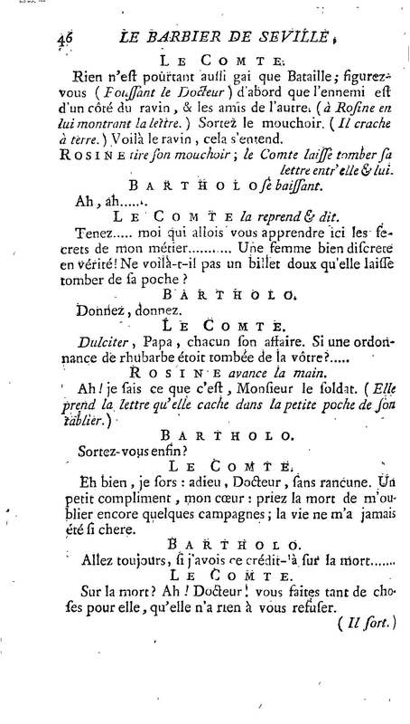 Barbier de Séville, ou la Précaution inutile (Le ), comédie en quatre actes, par M. de Beaumarchais, représentée sur le théâtre de la Comédie Française le 23 février 1775 (avec une Lettre modérée sur la chute et la critique du Barbier de Séville)