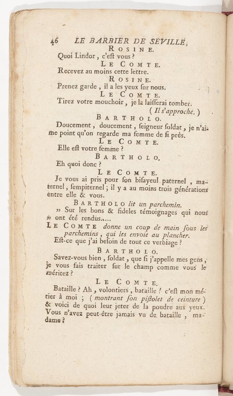 Barbier de Séville, ou la Précaution inutile (Le), comédie en quatre actes, par M. de Beaumarchais, représentée sur le théâtre de la Comédie Française le 23 février 1775 (avec une Lettre modérée sur la chute et la critique du Barbier de Séville)