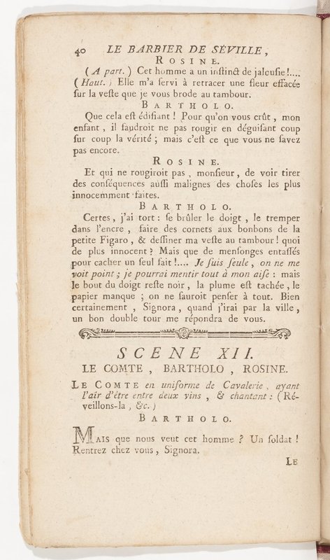Barbier de Séville, ou la Précaution inutile (Le), comédie en quatre actes, par M. de Beaumarchais, représentée sur le théâtre de la Comédie Française le 23 février 1775 (avec une Lettre modérée sur la chute et la critique du Barbier de Séville)