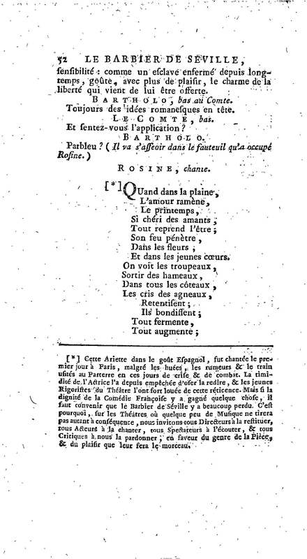 Barbier de Séville, ou la Précaution inutile (Le), comédie en quatre actes, par M. de Beaumarchais, représentée sur le théâtre de la Comédie Française le 23 février 1775 (avec une Lettre modérée sur la chute et la critique du Barbier de Séville)