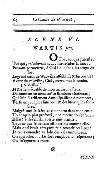 Comte de Warwik [sic] (Le), tragédie par M. de La Harpe, représentée pour la première fois par les Comédiens françois ordinaires du Roi, le 7 novembre 1763