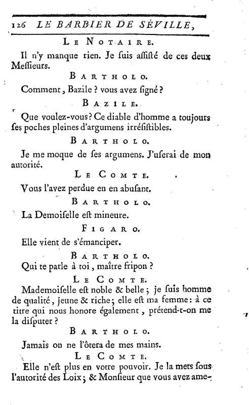 Barbier de Séville, ou la Précaution inutile (Le), comédie en quatre actes, par M. de Beaumarchais, représentée sur le théâtre de la Comédie Française le 23 février 1775 (avec une Lettre modérée sur la chute et la critique du Barbier de Séville)