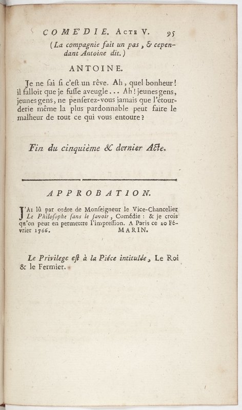 Philosophe sans le savoir (Le), comédie en prose et en cinq actes… par M. Sedaine. [Paris, les Comédiens français, 2 novembre 1765]