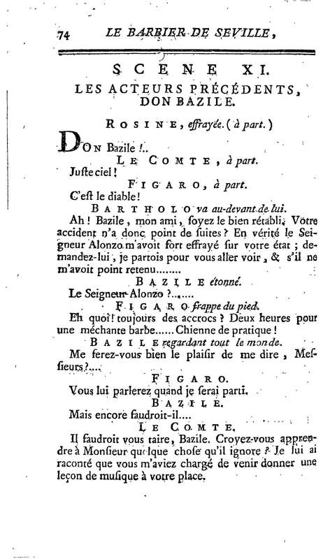 Barbier de Séville, ou la Précaution inutile (Le ), comédie en quatre actes, par M. de Beaumarchais, représentée sur le théâtre de la Comédie Française le 23 février 1775 (avec une Lettre modérée sur la chute et la critique du Barbier de Séville)