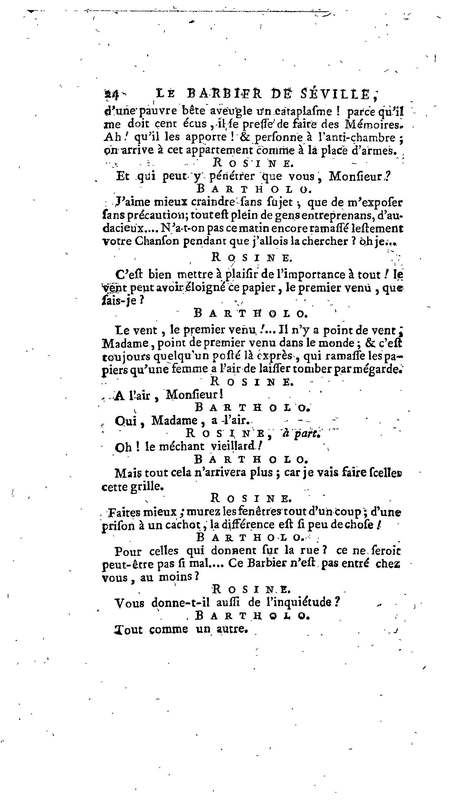 Barbier de Séville, ou la Précaution inutile (Le), comédie en quatre actes, par M. de Beaumarchais, représentée sur le théâtre de la Comédie Française le 23 février 1775 (avec une Lettre modérée sur la chute et la critique du Barbier de Séville)