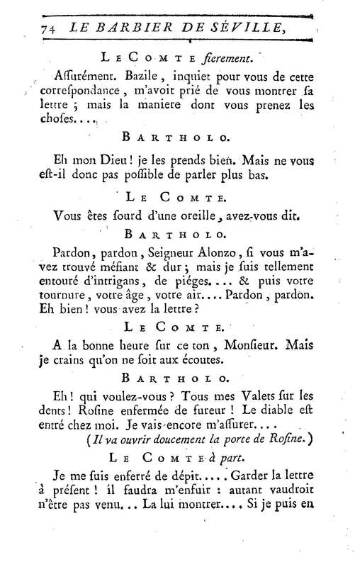 Barbier de Séville, ou la Précaution inutile (Le), comédie en quatre actes, par M. de Beaumarchais, représentée sur le théâtre de la Comédie Française le 23 février 1775 (avec une Lettre modérée sur la chute et la critique du Barbier de Séville)