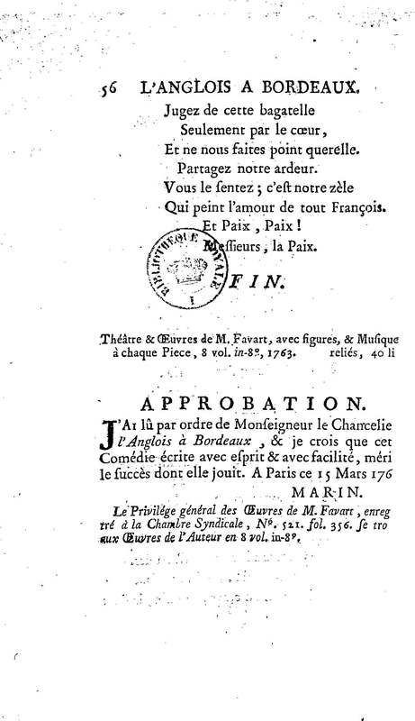 Anglais à Bordeaux (L'), comédie en un acte et en vers libres, par M. Favart… [Par les Comédiens françois ordinaires du Roi, 14 mars 1763]
