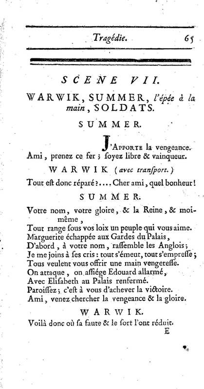Comte de Warwik [sic] (Le), tragédie par M. de La Harpe, représentée pour la première fois par les Comédiens françois ordinaires du Roi, le 7 novembre 1763