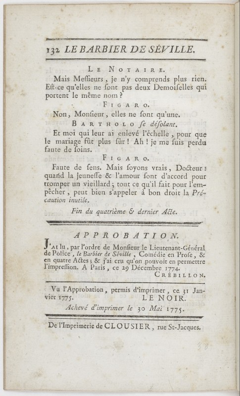 Barbier de Séville, ou la Précaution inutile (Le), comédie en quatre actes ; par M. de Beaumarchais ; représentée & tombée sur le théâtre de la Comédie Françoise aux Tuileries, le 23 de février 1775