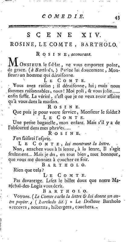 Barbier de Séville, ou la Précaution inutile (Le ), comédie en quatre actes, par M. de Beaumarchais, représentée sur le théâtre de la Comédie Française le 23 février 1775 (avec une Lettre modérée sur la chute et la critique du Barbier de Séville)