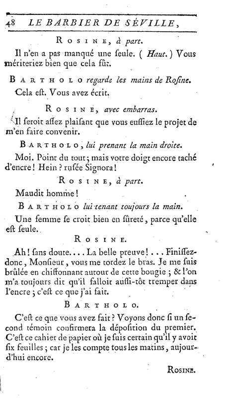 Barbier de Séville, ou la Précaution inutile (Le), comédie en quatre actes, par M. de Beaumarchais, représentée sur le théâtre de la Comédie Française le 23 février 1775 (avec une Lettre modérée sur la chute et la critique du Barbier de Séville)