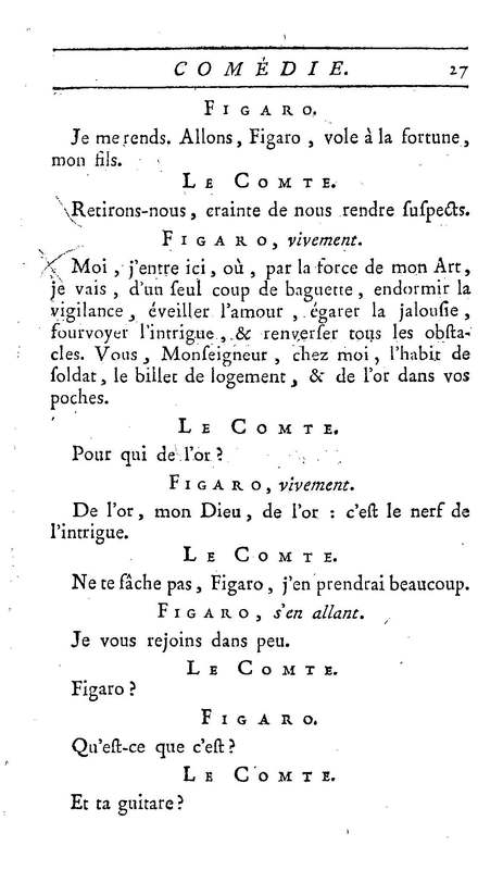 Barbier de Séville, ou la Précaution inutile (Le), comédie en quatre actes, par M. de Beaumarchais, représentée sur le théâtre de la Comédie Française le 23 février 1775 (avec une Lettre modérée sur la chute et la critique du Barbier de Séville)