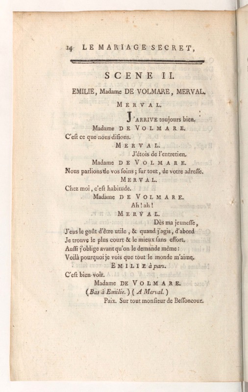 Mariage secret (Le), comédie en trois actes, en vers ; représentée à Fontainebleau, devant Leurs Majestés, le vendredi 4 novembre 1785 ; &, pour la première fois sur le Théâtre Français, le 10 mars 1786 Mariage secret (Le), comédie en trois actes, en vers ; représentée à Fontainebleau, devant Leurs Majestés, le vendredi 4 novembre 1785 ; &, pour la première fois sur le Théâtre Français, le 10 mars 1786