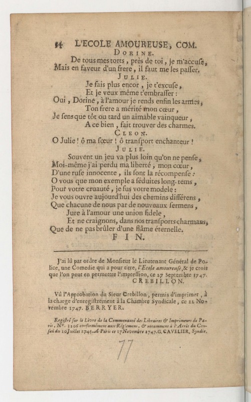 École amoureuse (L'), comédie en un acte, en vers, représentée pour la première fois par les Comédiens ordinaires du Roi, le 11 septembre 1747 École amoureuse (L'), comédie en un acte, en vers, représentée pour la première fois par les Comédiens ordinaires du Roi, le 11 septembre 1747