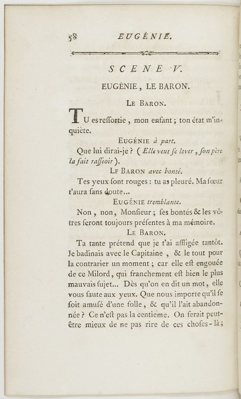 Eugénie, drame en cinq actes en prose, enrichi de figures en taille-douce ; avec un Essai sur le drame sérieux Eugénie, drame en cinq actes en prose, enrichi de figures en taille-douce ; avec un Essai sur le drame sérieux