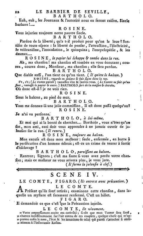 Barbier de Séville, ou la Précaution inutile (Le), comédie en quatre actes, par M. de Beaumarchais, représentée sur le théâtre de la Comédie Française le 23 février 1775 (avec une Lettre modérée sur la chute et la critique du Barbier de Séville)