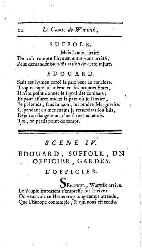 Comte de Warwik [sic] (Le), tragédie par M. de La Harpe, représentée pour la première fois par les Comédiens françois ordinaires du Roi, le 7 novembre 1763