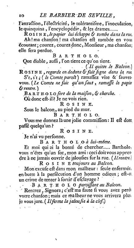 Barbier de Séville, ou la Précaution inutile (Le ), comédie en quatre actes, par M. de Beaumarchais, représentée sur le théâtre de la Comédie Française le 23 février 1775 (avec une Lettre modérée sur la chute et la critique du Barbier de Séville)