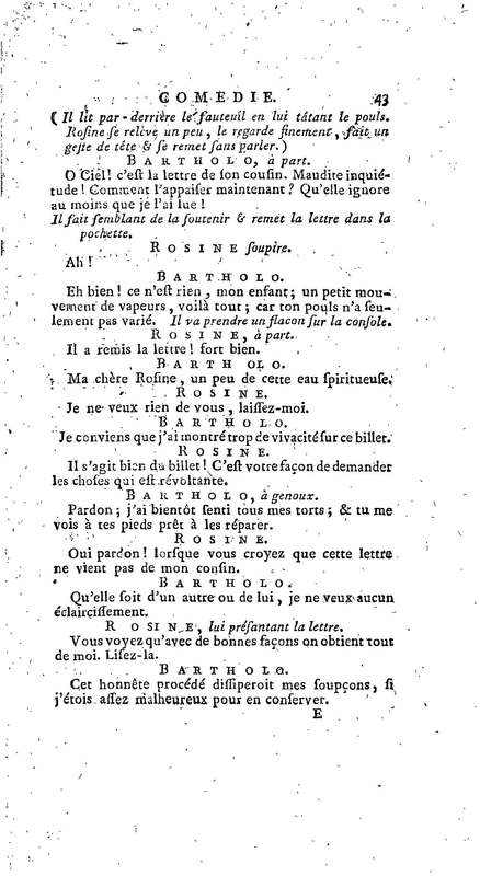 Barbier de Séville, ou la Précaution inutile (Le), comédie en quatre actes, par M. de Beaumarchais, représentée sur le théâtre de la Comédie Française le 23 février 1775 (avec une Lettre modérée sur la chute et la critique du Barbier de Séville)