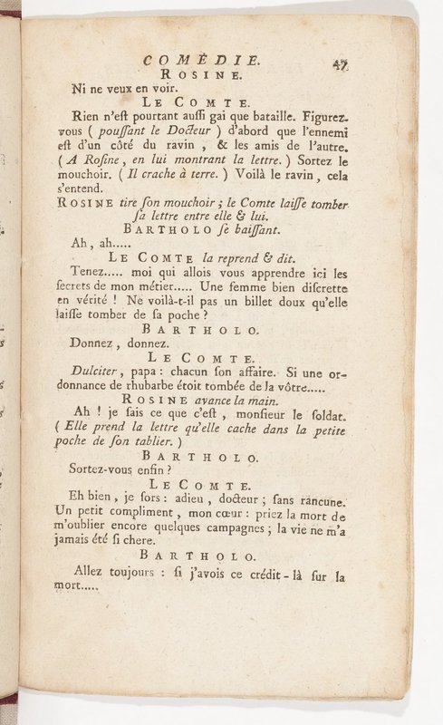 Barbier de Séville, ou la Précaution inutile (Le), comédie en quatre actes, par M. de Beaumarchais, représentée sur le théâtre de la Comédie Française le 23 février 1775 (avec une Lettre modérée sur la chute et la critique du Barbier de Séville)