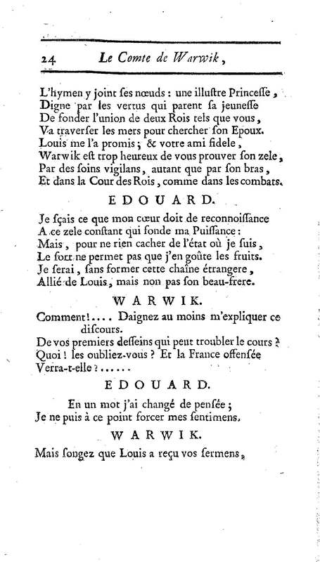 Comte de Warwik [sic] (Le), tragédie par M. de La Harpe, représentée pour la première fois par les Comédiens françois ordinaires du Roi, le 7 novembre 1763