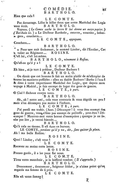 Barbier de Séville, ou la Précaution inutile (Le), comédie en quatre actes, par M. de Beaumarchais, représentée sur le théâtre de la Comédie Française le 23 février 1775 (avec une Lettre modérée sur la chute et la critique du Barbier de Séville)