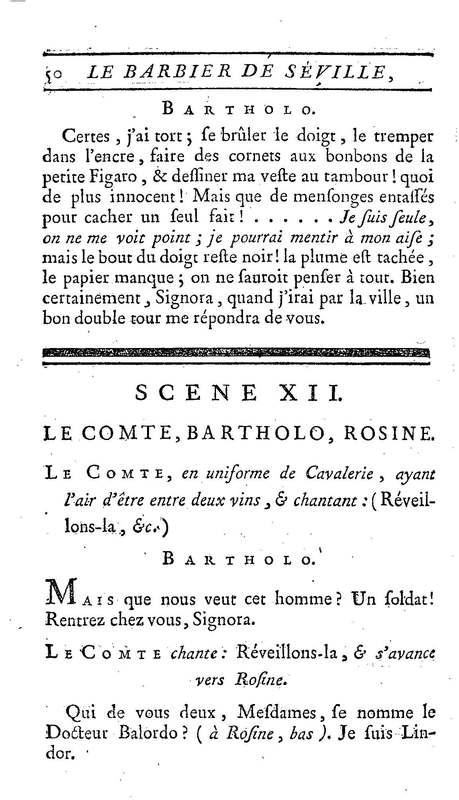 Barbier de Séville, ou la Précaution inutile (Le), comédie en quatre actes, par M. de Beaumarchais, représentée sur le théâtre de la Comédie Française le 23 février 1775 (avec une Lettre modérée sur la chute et la critique du Barbier de Séville)