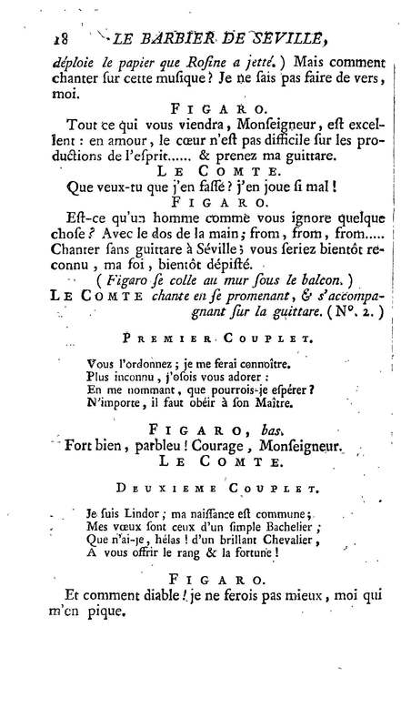 Barbier de Séville, ou la Précaution inutile (Le ), comédie en quatre actes, par M. de Beaumarchais, représentée sur le théâtre de la Comédie Française le 23 février 1775 (avec une Lettre modérée sur la chute et la critique du Barbier de Séville)