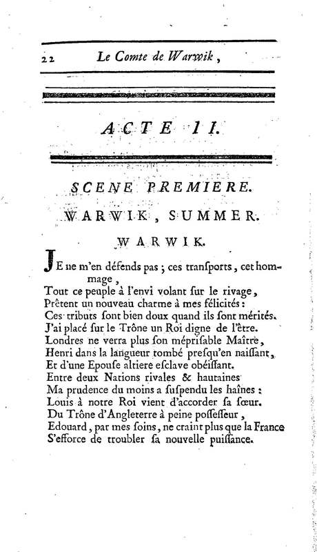 Comte de Warwik [sic] (Le), tragédie par M. de La Harpe, représentée pour la première fois par les Comédiens françois ordinaires du Roi, le 7 novembre 1763