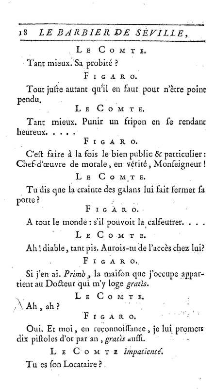 Barbier de Séville, ou la Précaution inutile (Le), comédie en quatre actes, par M. de Beaumarchais, représentée sur le théâtre de la Comédie Française le 23 février 1775 (avec une Lettre modérée sur la chute et la critique du Barbier de Séville)