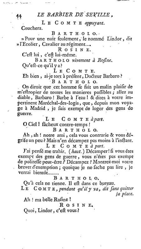 Barbier de Séville, ou la Précaution inutile (Le ), comédie en quatre actes, par M. de Beaumarchais, représentée sur le théâtre de la Comédie Française le 23 février 1775 (avec une Lettre modérée sur la chute et la critique du Barbier de Séville)