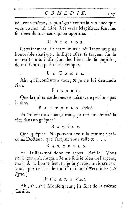 Barbier de Séville, ou la Précaution inutile (Le), comédie en quatre actes, par M. de Beaumarchais, représentée sur le théâtre de la Comédie Française le 23 février 1775 (avec une Lettre modérée sur la chute et la critique du Barbier de Séville)
