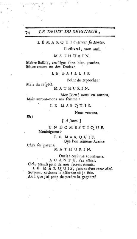 Droit du Seigneur (Le),comédie en vers par M. de Voltaire. Représentée pour la première fois, sous le titre de L'Écueil du sage, par les Comédiens françois ordinaires du Roi, le 18 janvier 1762,