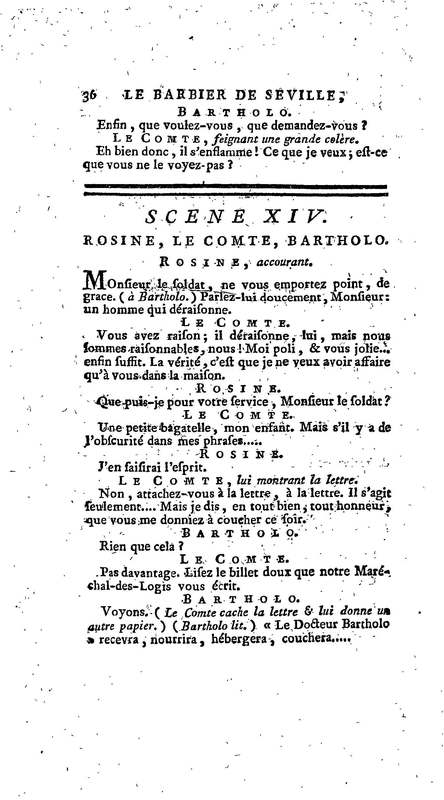 Barbier de Séville, ou la Précaution inutile (Le), comédie en quatre actes, par M. de Beaumarchais, représentée sur le théâtre de la Comédie Française le 23 février 1775 (avec une Lettre modérée sur la chute et la critique du Barbier de Séville)