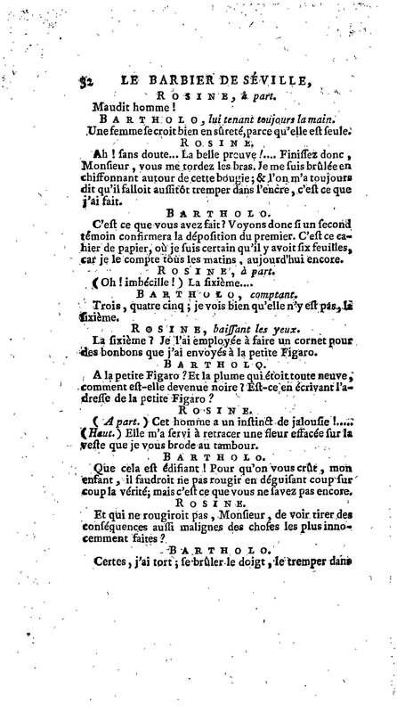 Barbier de Séville, ou la Précaution inutile (Le), comédie en quatre actes, par M. de Beaumarchais, représentée sur le théâtre de la Comédie Française le 23 février 1775 (avec une Lettre modérée sur la chute et la critique du Barbier de Séville)