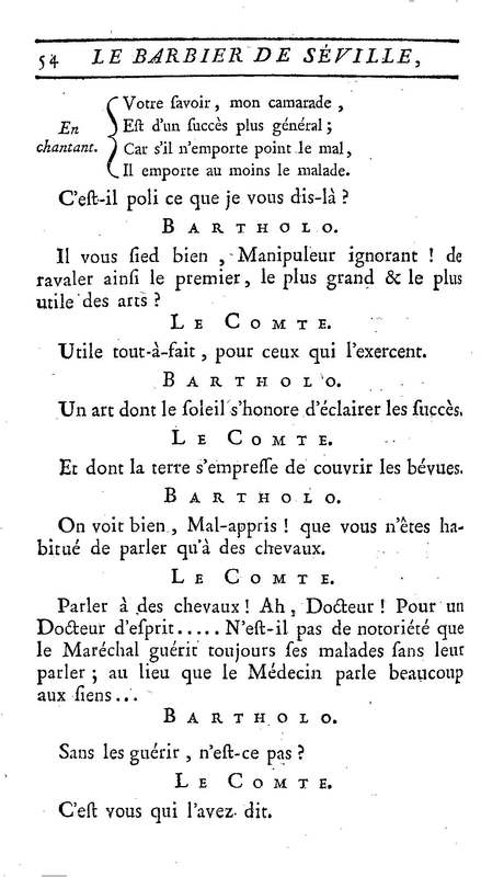 Barbier de Séville, ou la Précaution inutile (Le), comédie en quatre actes, par M. de Beaumarchais, représentée sur le théâtre de la Comédie Française le 23 février 1775 (avec une Lettre modérée sur la chute et la critique du Barbier de Séville)