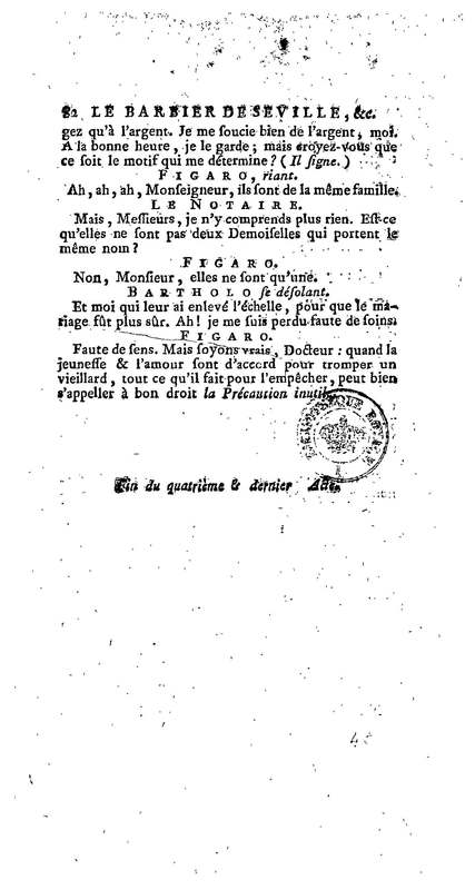 Barbier de Séville, ou la Précaution inutile (Le), comédie en quatre actes, par M. de Beaumarchais, représentée sur le théâtre de la Comédie Française le 23 février 1775 (avec une Lettre modérée sur la chute et la critique du Barbier de Séville)