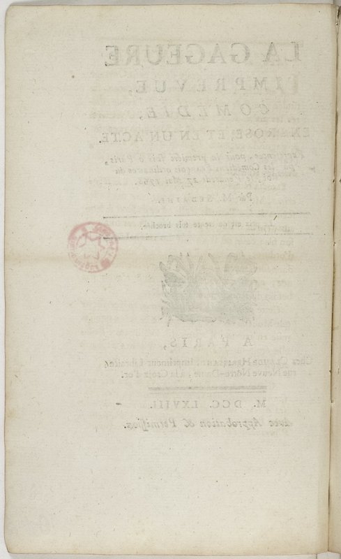 Gageure imprévue (La), comédie en prose et en un acte… par M. Sedaine. [Paris, les Comédiens français, 27 mai 1768]