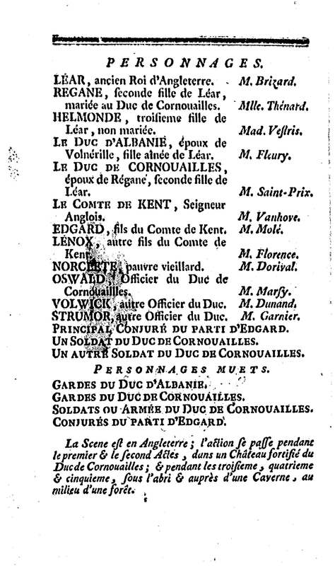 Roi Lear (Le), tragédie en cinq actes, par M. Ducis, représentée à Versailles le 16 janvier 1783 ; et à Paris, le 26 du même mois, par les Comédiens français Roi Lear (Le), tragédie en cinq actes, par M. Ducis, représentée à Versailles le 16 janvier 1783 ; et à Paris, le 26 du même mois, par les Comédiens français