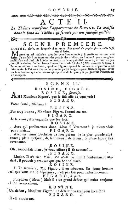 Barbier de Séville, ou la Précaution inutile (Le), comédie en quatre actes, par M. de Beaumarchais, représentée sur le théâtre de la Comédie Française le 23 février 1775 (avec une Lettre modérée sur la chute et la critique du Barbier de Séville)