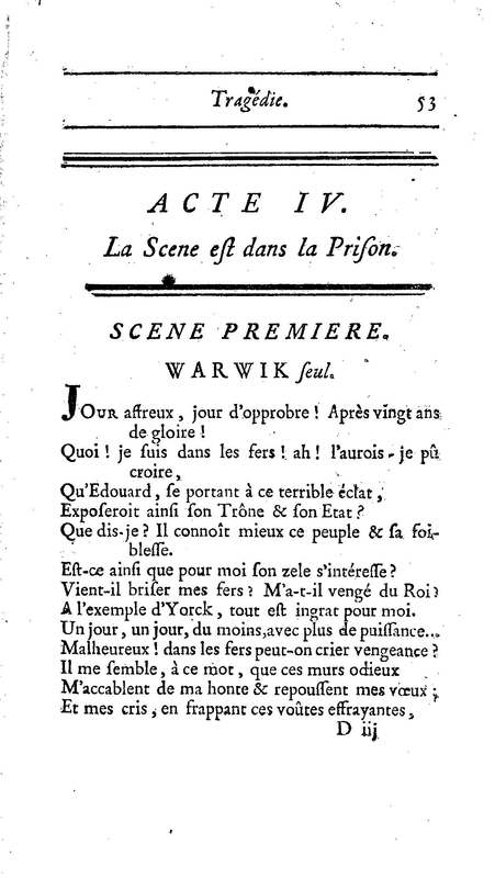 Comte de Warwik [sic] (Le), tragédie par M. de La Harpe, représentée pour la première fois par les Comédiens françois ordinaires du Roi, le 7 novembre 1763