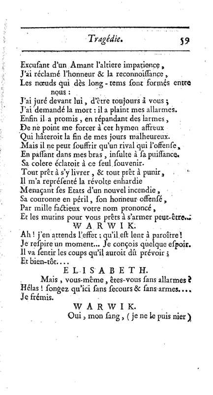 Comte de Warwik [sic] (Le), tragédie par M. de La Harpe, représentée pour la première fois par les Comédiens françois ordinaires du Roi, le 7 novembre 1763