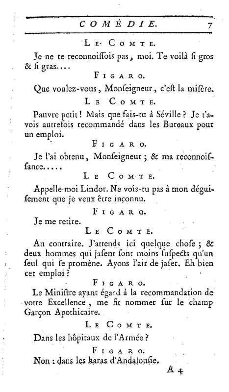 Barbier de Séville, ou la Précaution inutile (Le), comédie en quatre actes, par M. de Beaumarchais, représentée sur le théâtre de la Comédie Française le 23 février 1775 (avec une Lettre modérée sur la chute et la critique du Barbier de Séville)