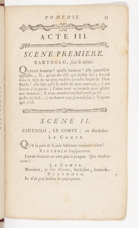 Barbier de Séville, ou la Précaution inutile (Le), comédie en quatre actes, par M. de Beaumarchais, représentée sur le théâtre de la Comédie Française le 23 février 1775 (avec une Lettre modérée sur la chute et la critique du Barbier de Séville)